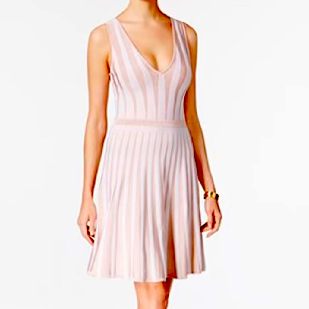 Guess Mirage Striped Fit & Flare Dress, Size Small, Light Pink And White Stripes